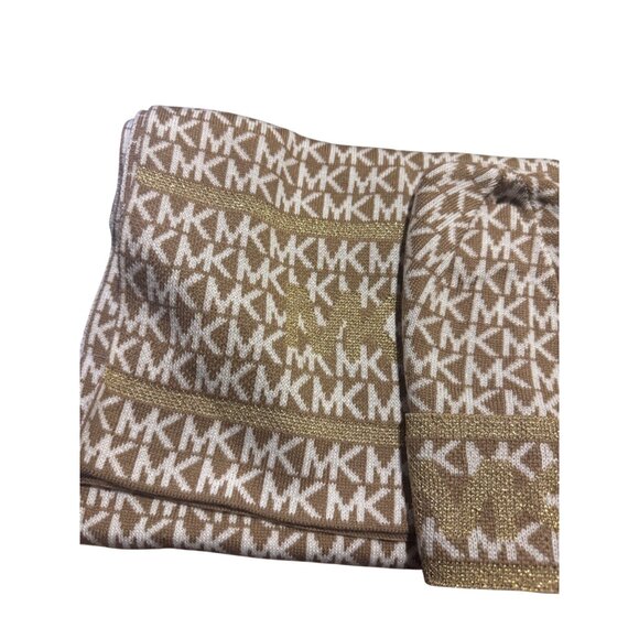 Michael Kors Knit Scarf & Hat Set O/S Beige White MK Logo Design Fall - Picture 2 of 4